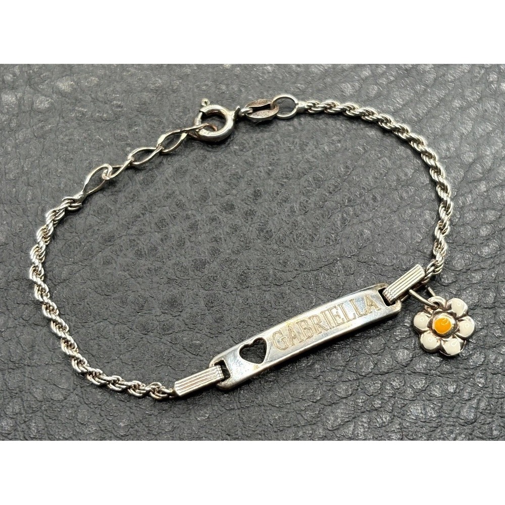 Sterling Silver "Gabriella" Name ID Bracelet Rope Chain Enamel Flower Charm